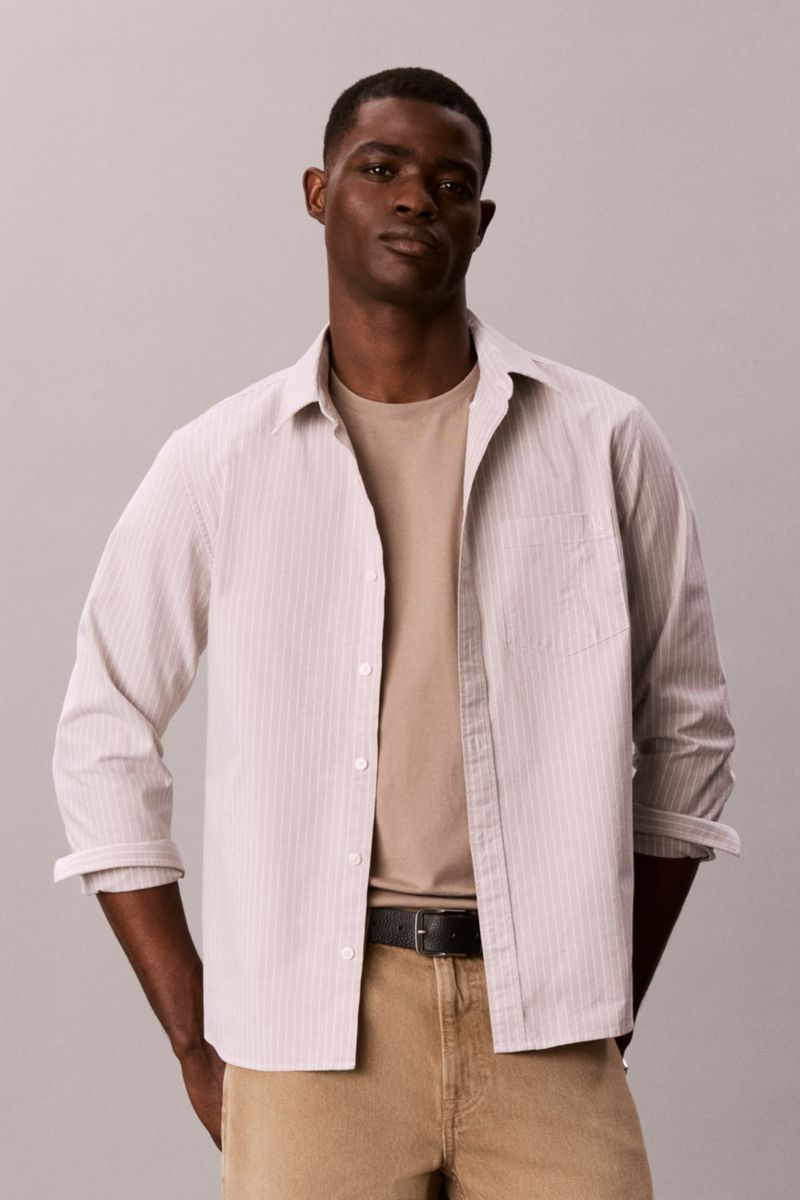 Calvin Klein 100G Classic Fit Striped Oxford Shirt Roasted Cashew