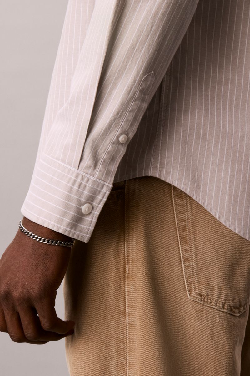 Calvin Klein 100G Classic Fit Striped Oxford Shirt Roasted Cashew