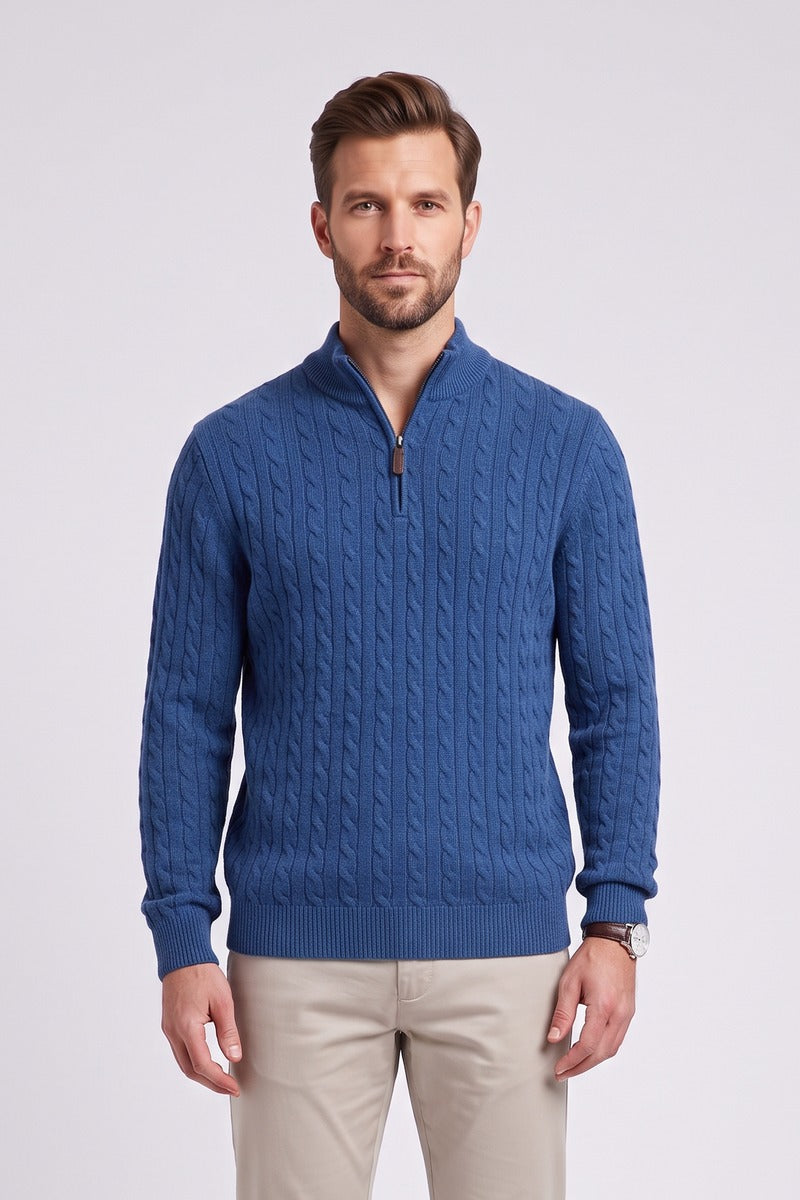 Benetti Grant Regular Fit Cable Knit Quarter Zip Jumper Indigo