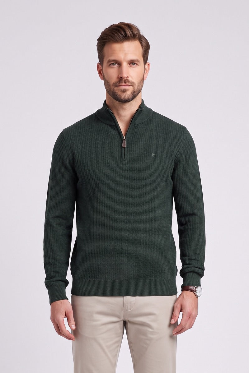 Benetti Oliver Regular Fit Textured Quarter Zip Jumper Forest