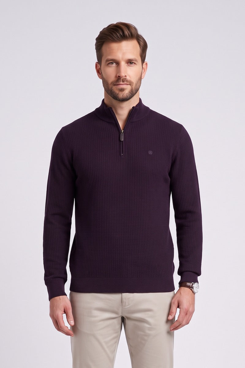 Benetti Oliver Regular Fit Textured Quarter Zip Jumper Plum