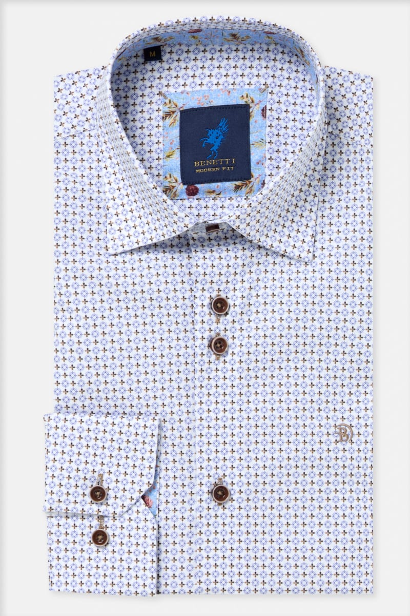 Benetti London Modern Fit Geometric Print Shirt Coffee