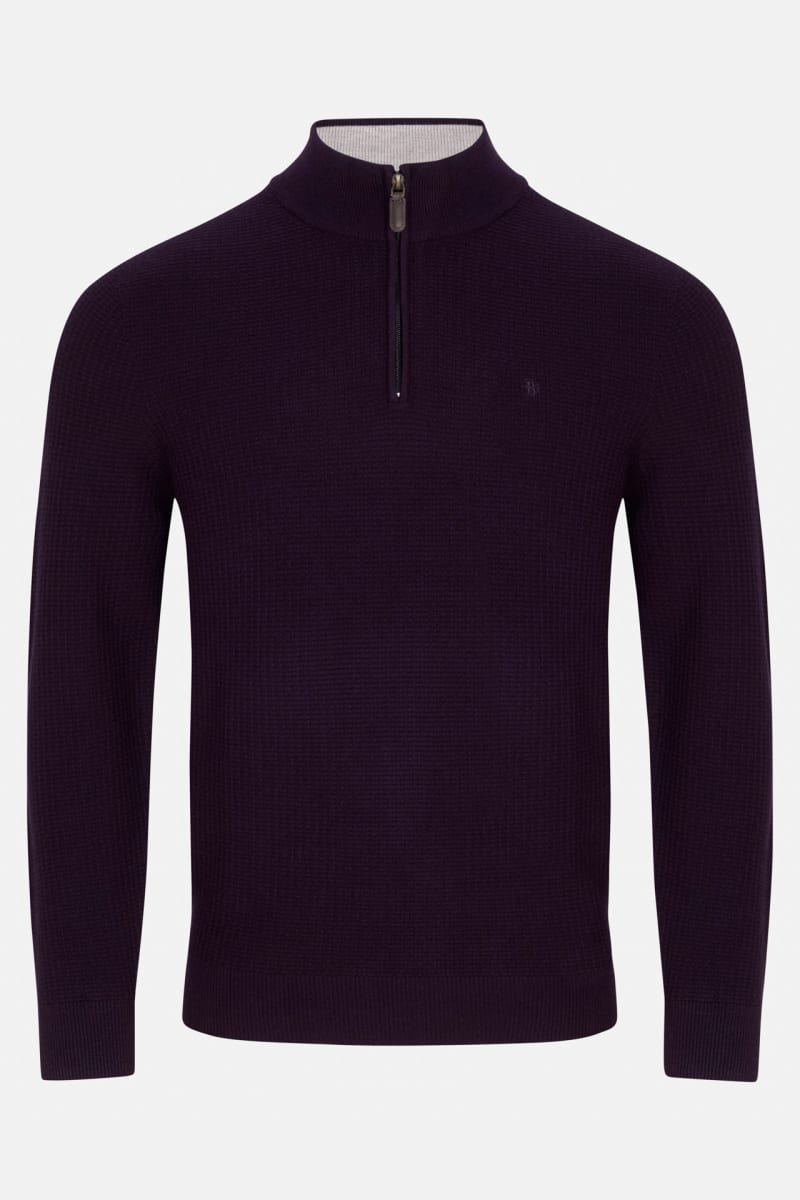 Benetti Oliver Regular Fit Textured Quarter Zip Jumper Plum