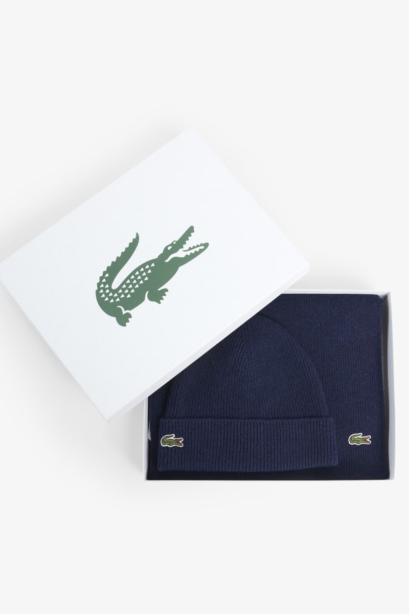 Lacoste RB5385 Ribbed Wool Beanie and Scarf Gift Set Navy Blue