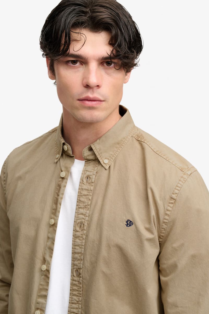Superdry Garment Dyed Long Sleeve Shirt in Tumbled Tan