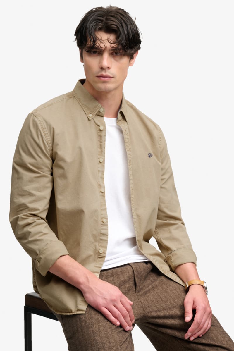 Superdry Garment Dyed Long Sleeve Shirt in Tumbled Tan