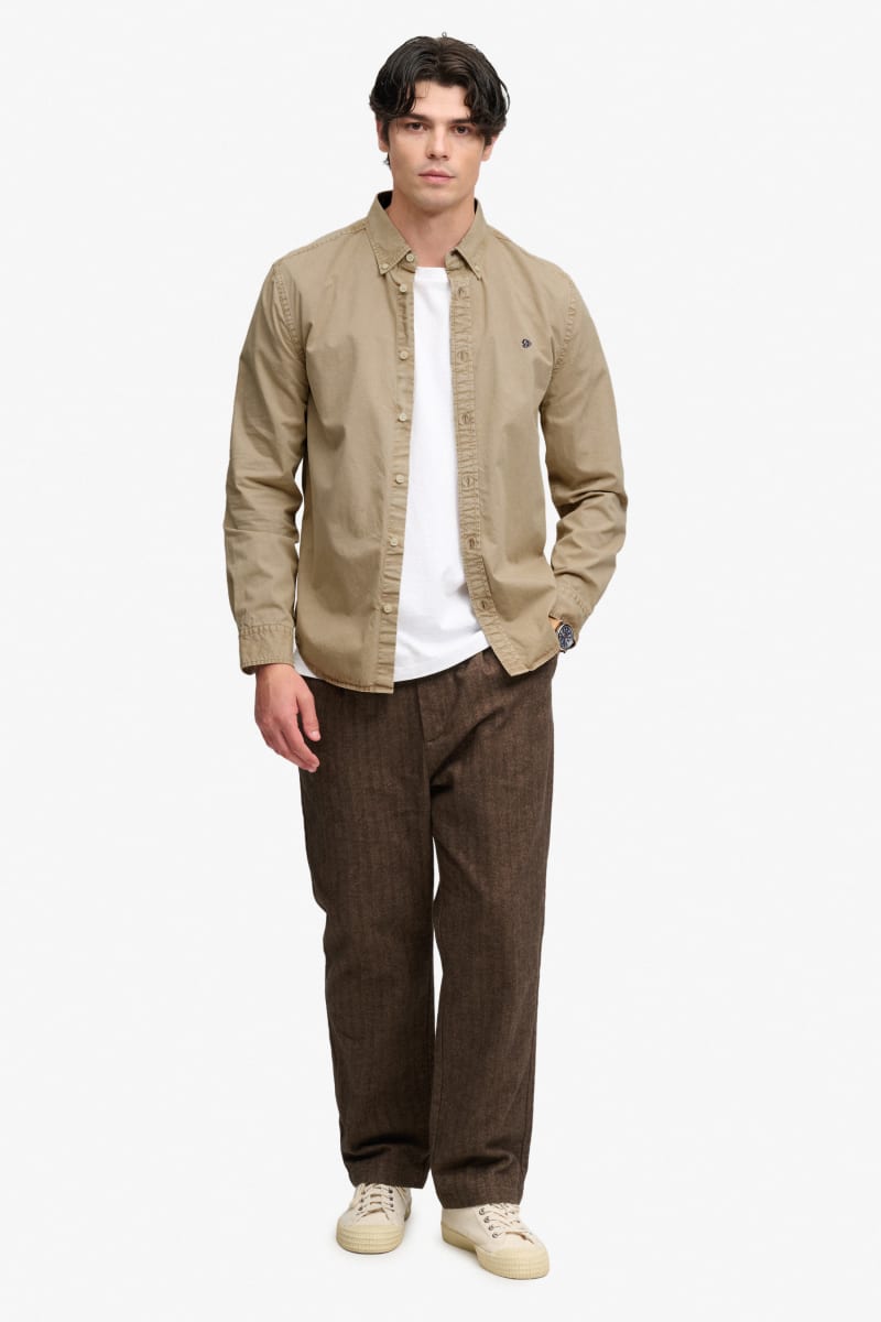 Superdry Garment Dyed Long Sleeve Shirt in Tumbled Tan, fabric detail
