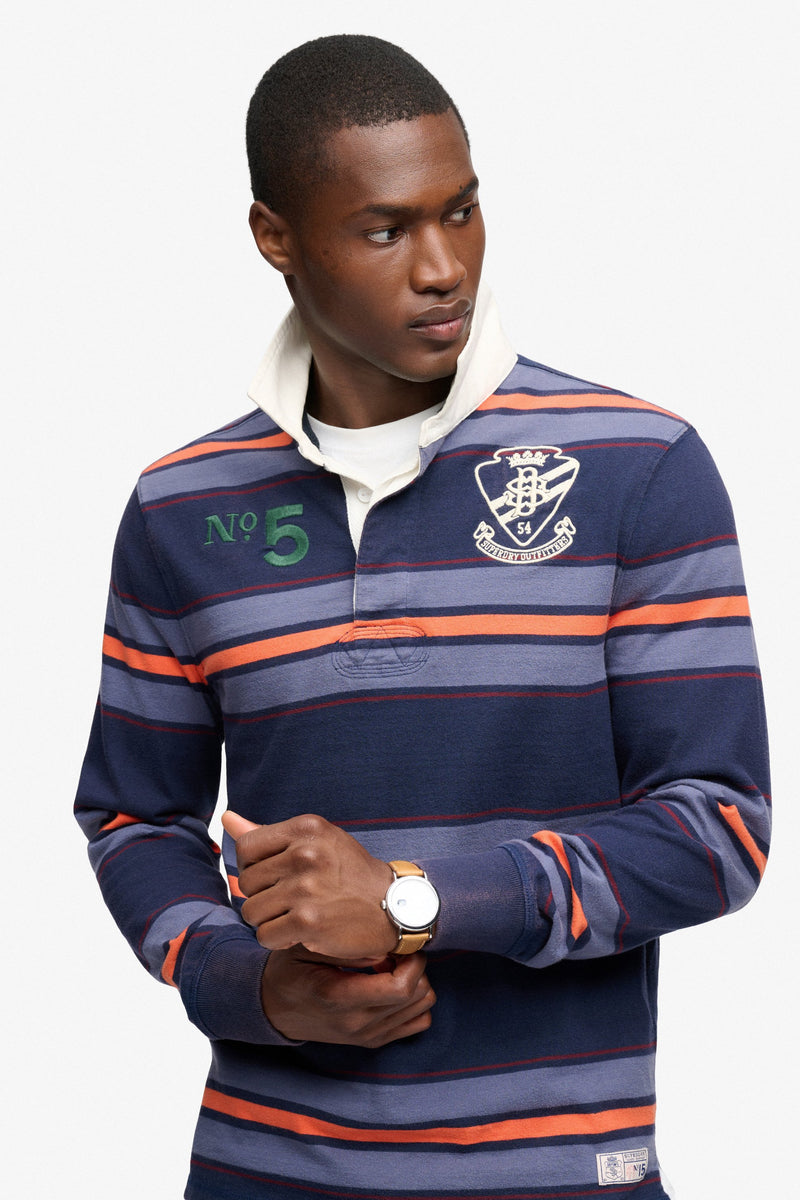 Superdry M1110483A Relaxed Fit Double Emblem Stripe Rugby Top Orange Navy Stripe