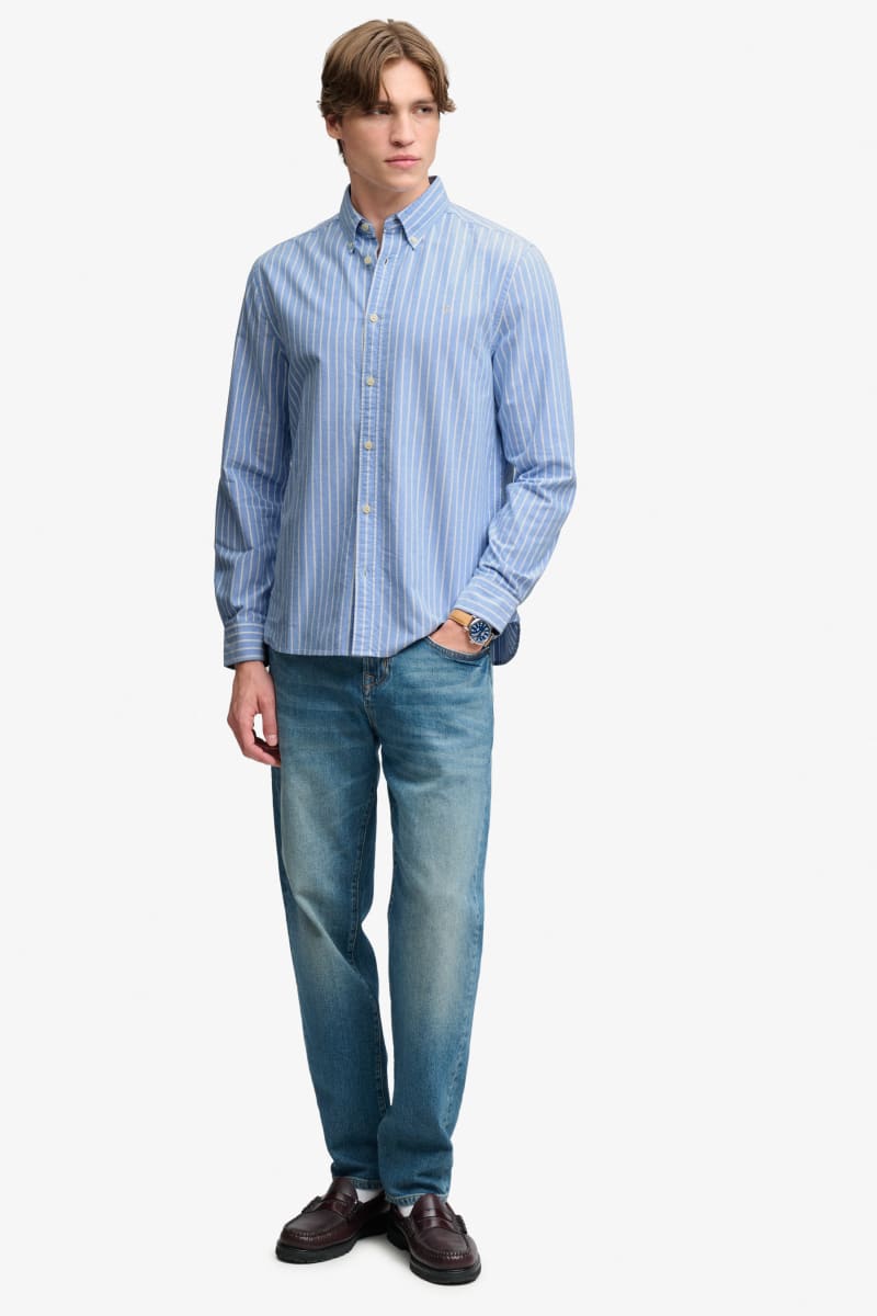 Superdry Preppy Oxford Long Sleeve Shirt in Broker Blue Stripe, fabric detail