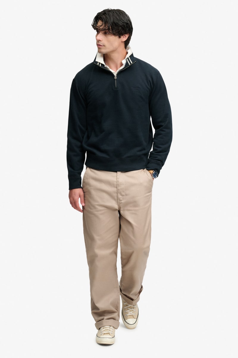 Superdry Essential Serif Logo Half Zip Sweatshirt in Dark Navy, collar and zip detail