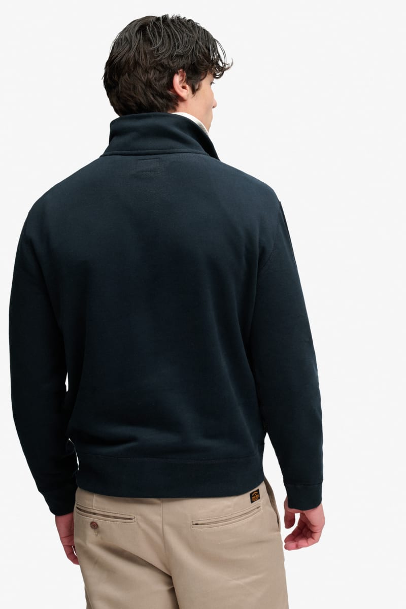 Superdry Essential Serif Logo Half Zip Sweatshirt in Dark Navy, fabric detail
