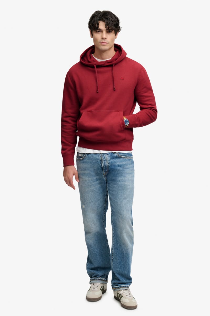 Superdry Essential Logo Hoodie in League Red, logo detail