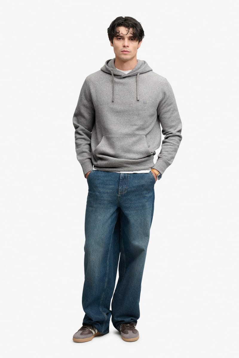 Superdry Essential Logo Hoodie in Dark Vintage Grey Marl, logo detail