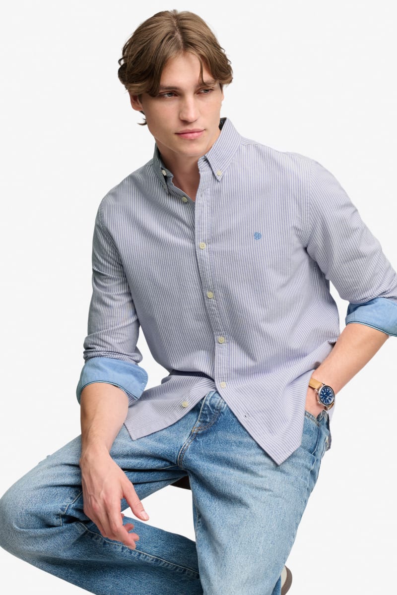 Superdry Preppy Oxford Long Sleeve Shirt in Lilac Mini Stripe, fabric detail