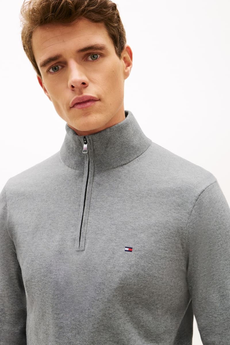 Tommy Hilfiger 37331 Regular Fit Essential Cotton Quarter Zip Mock Neck Jumper Medium Grey Heather