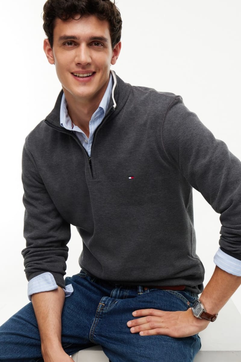 Tommy Hilfiger MW0MW40042 Regular Fit French Rib Cotton Quarter Zip Jumper Charcoal Heather