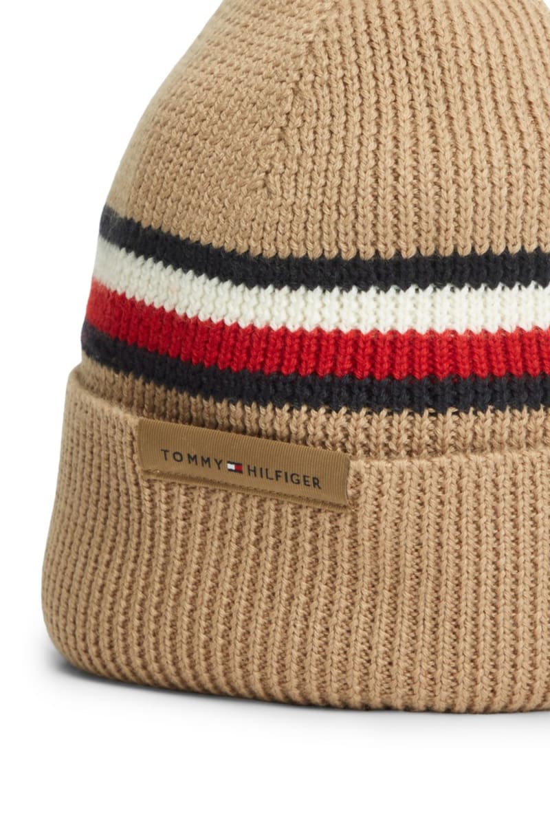 Tommy Hilfiger RWB Beanie in Southern Tan, stripe detail
