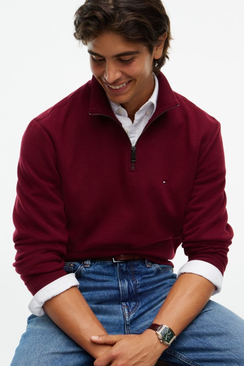 Tommy Hilfiger 37233 Regular Fit Essential Fleece Quarter Zip Sweatshirt Burgundy