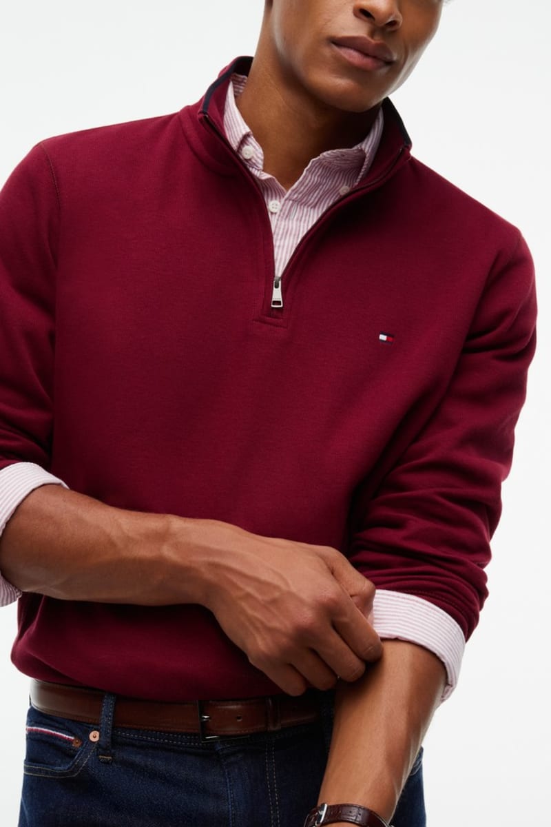 Tommy Hilfiger MW0MW40042 Regular Fit French Rib Cotton Quarter Zip Jumper Burgundy