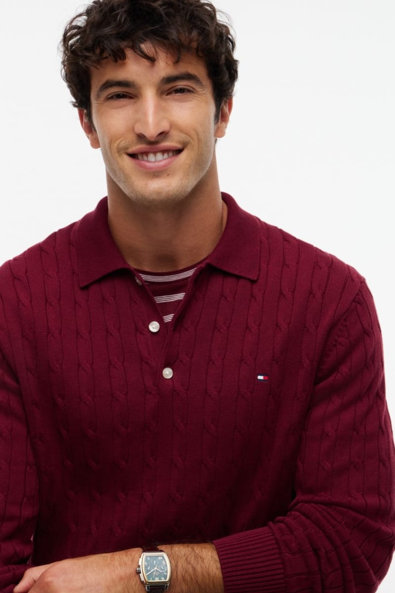 Tommy Hilfiger 41955 Regular Fit Classic Cable Knit Polo Jumper Burgundy
