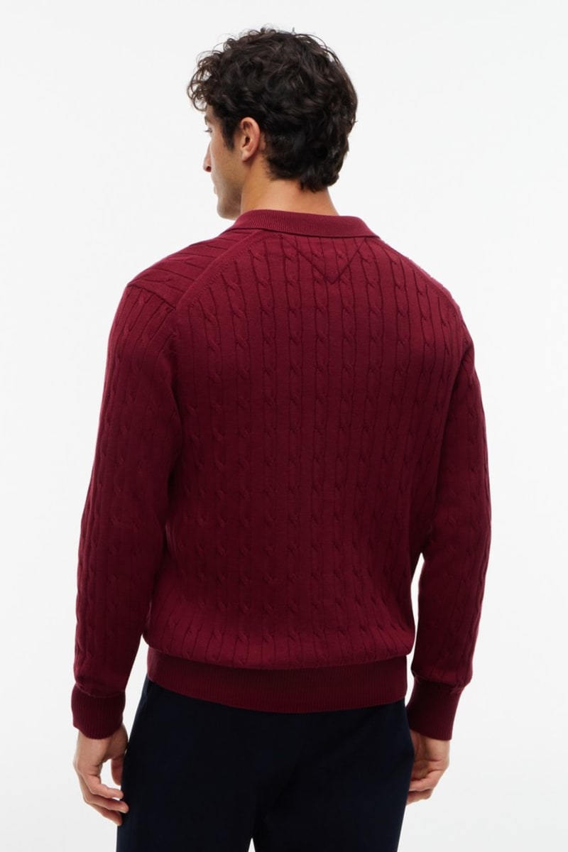 Tommy Hilfiger 41955 Regular Fit Classic Cable Knit Polo Jumper Burgundy