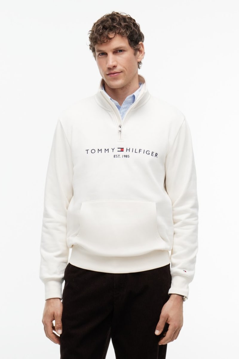 Tommy Hilfiger 20954 Regular Fit Logo Half Zip Mock Neck Sweatshirt Ivory Petal