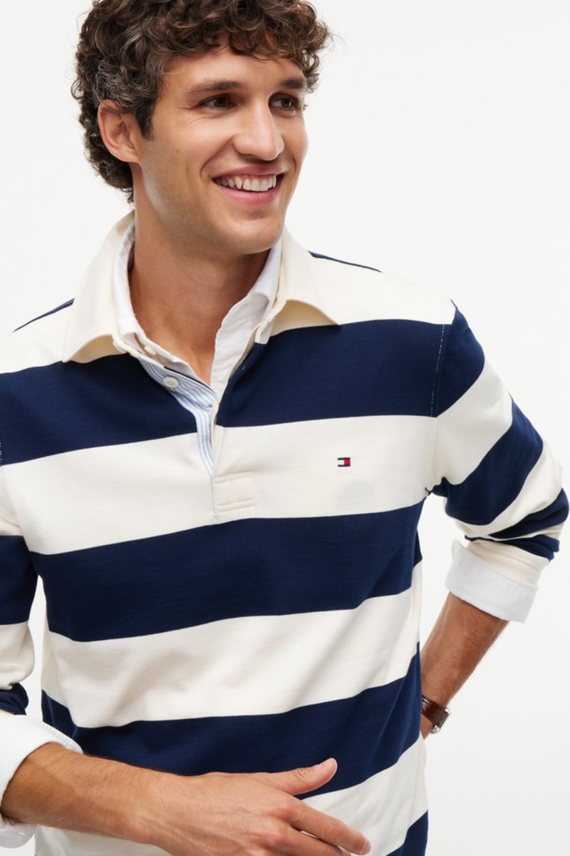 Tommy Hilfiger 45692 Essential Stripe Rugby Jumper Ivory Petal and Carbon Navy