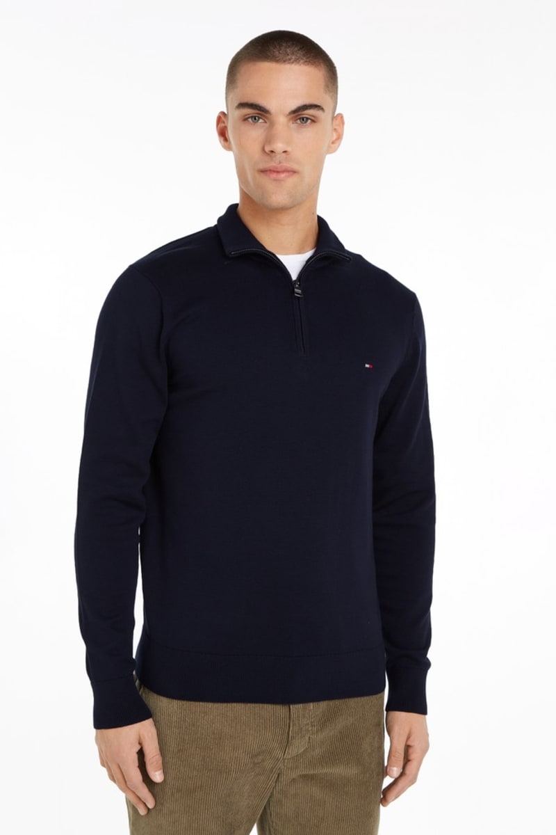 Tommy Hilfiger Essential Cotton Zip Mock Neck Jumper Navy Blue