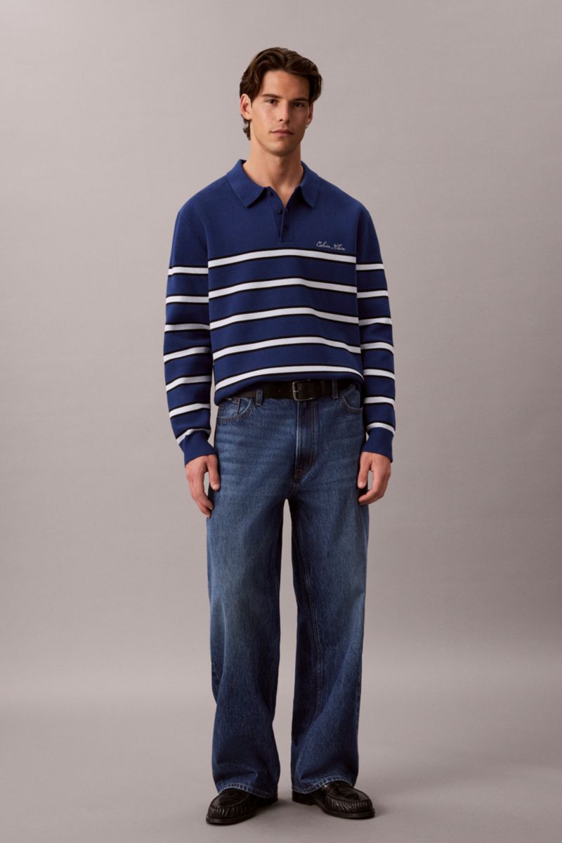 Calvin Klein 304G Long Sleeve Striped Cotton Polo Estate Blue