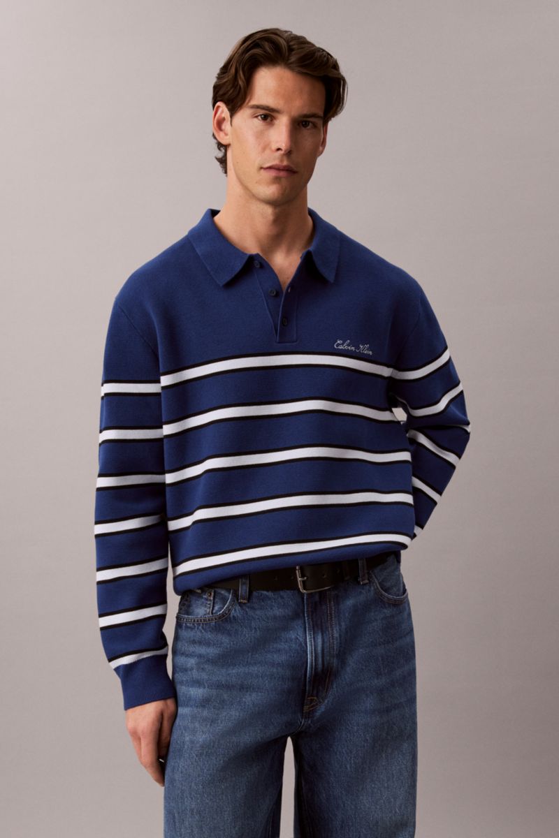 Calvin Klein 304G Long Sleeve Striped Cotton Polo Estate Blue