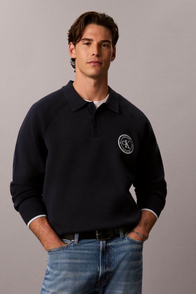 Calvin Klein 318G Easy Fit Varsity Logo Long Sleeve Polo Dark Sapphire