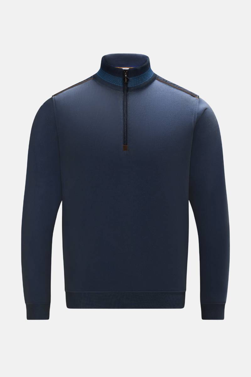 Navy blue half-zip sweatshirt on a light gray background