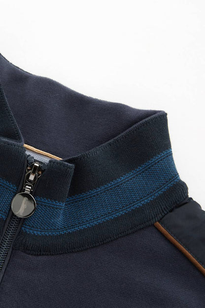 Close-up of a navy blue jacket with a zipper and blue stripe on a white background