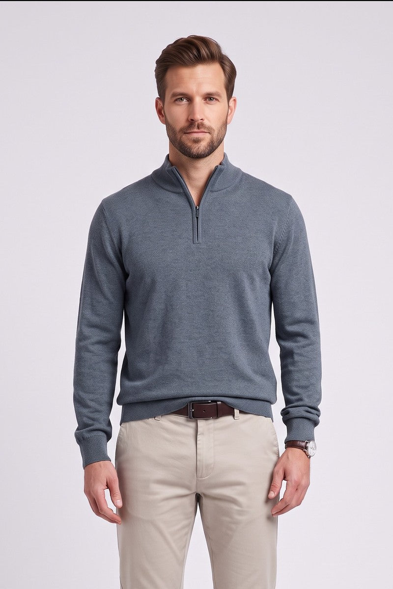 Bugatti 25529F Quarter Zip Knit Jumper Blue Grey