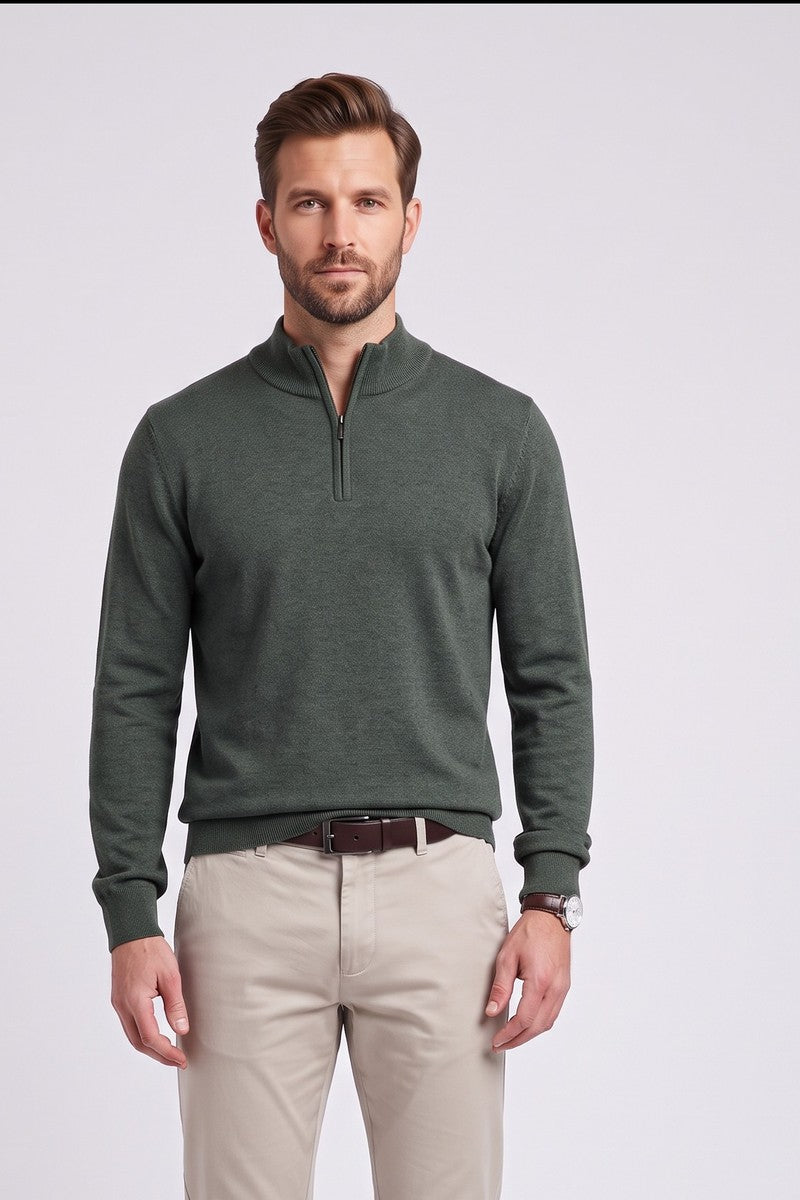 Bugatti 25529F Quarter Zip Knit Jumper Moss