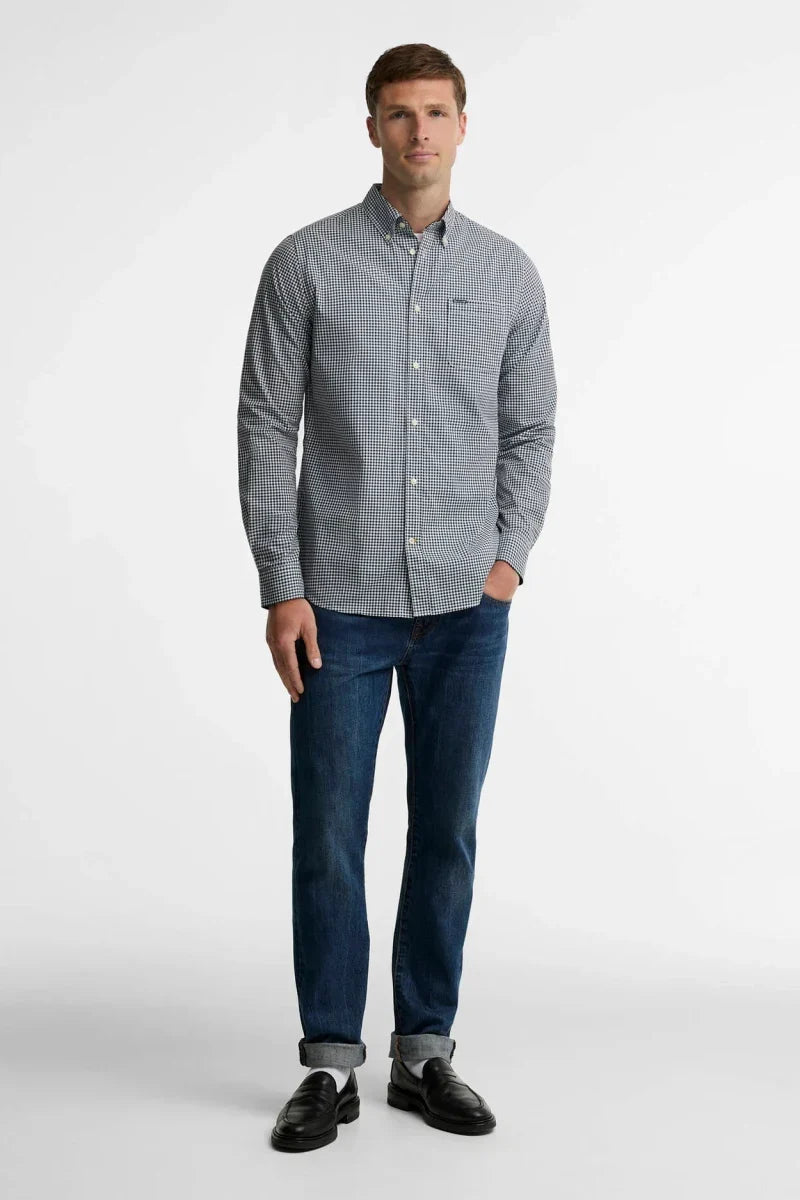 Barbour Harbourwall Tailored Gingham Shirt navy, worn with a jacket