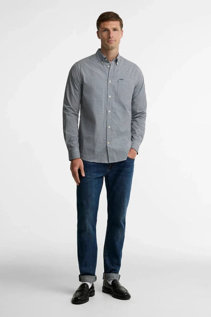 Barbour Harbourwall Tailored Gingham Shirt navy, worn with a jacket