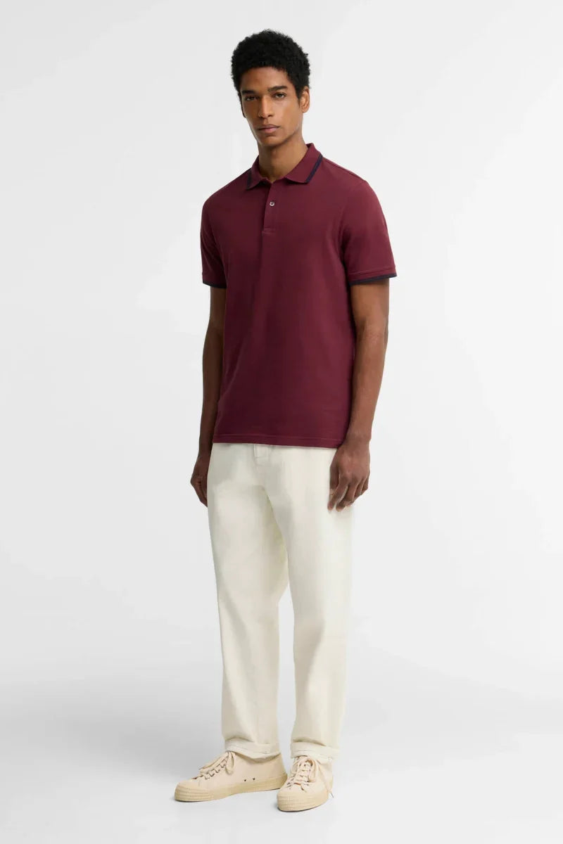 Barbour Lunan Tartan Trimmed Polo dark bordeaux, worn with a jacket