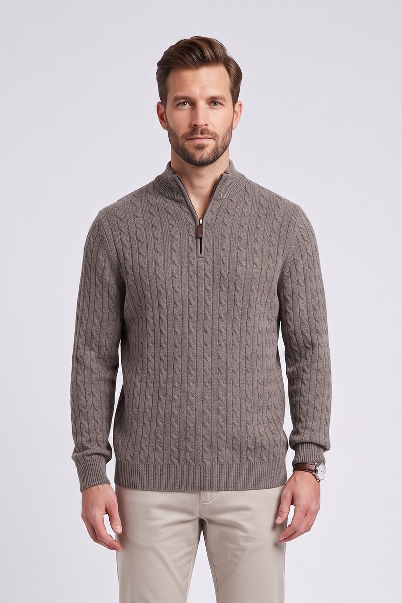 Benetti Grant Regular Fit Cable Knit Quarter Zip Jumper Brown