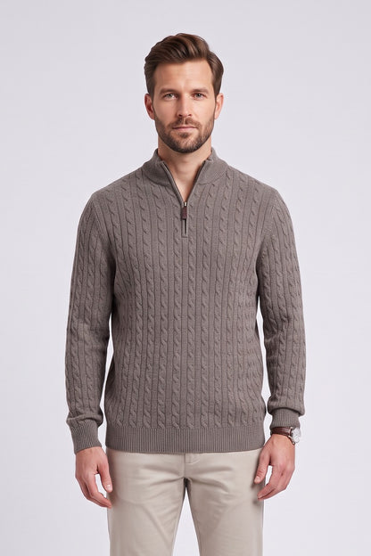 Benetti Grant Regular Fit Cable Knit Quarter Zip Jumper Brown