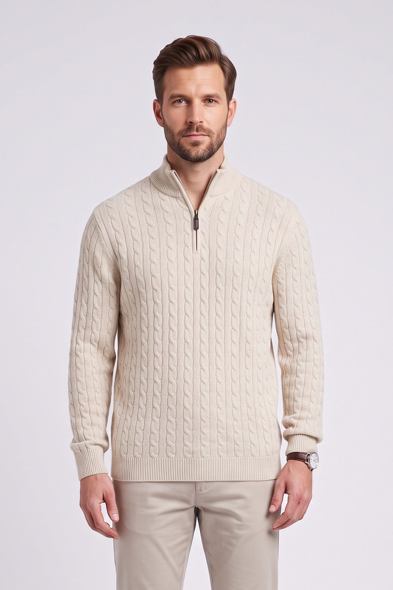 Benetti Grant Regular Fit Cable Knit Quarter Zip Jumper Stone
