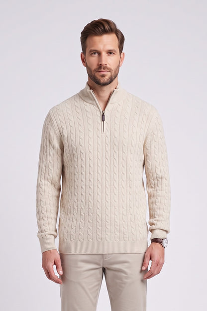 Benetti Grant Regular Fit Cable Knit Quarter Zip Jumper Stone