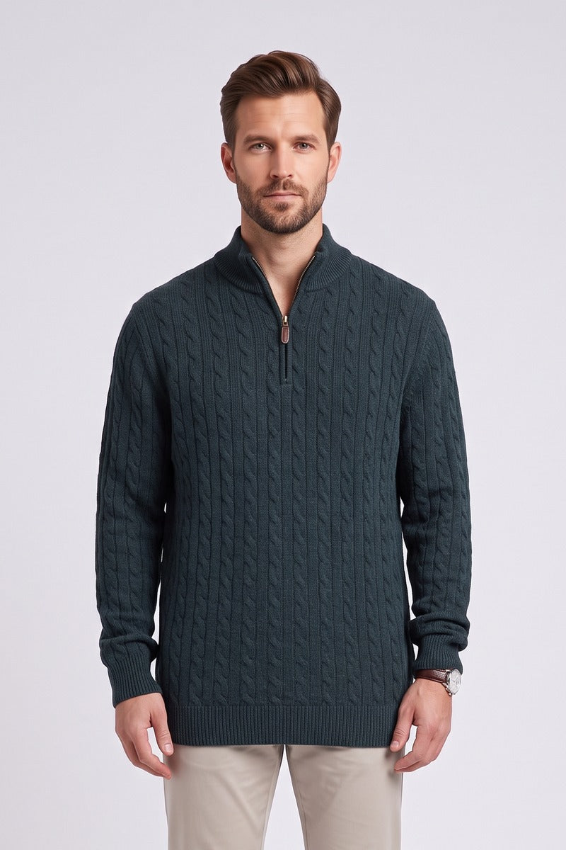 Benetti Grant Regular Fit Cable Knit Quarter Zip Jumper Teal