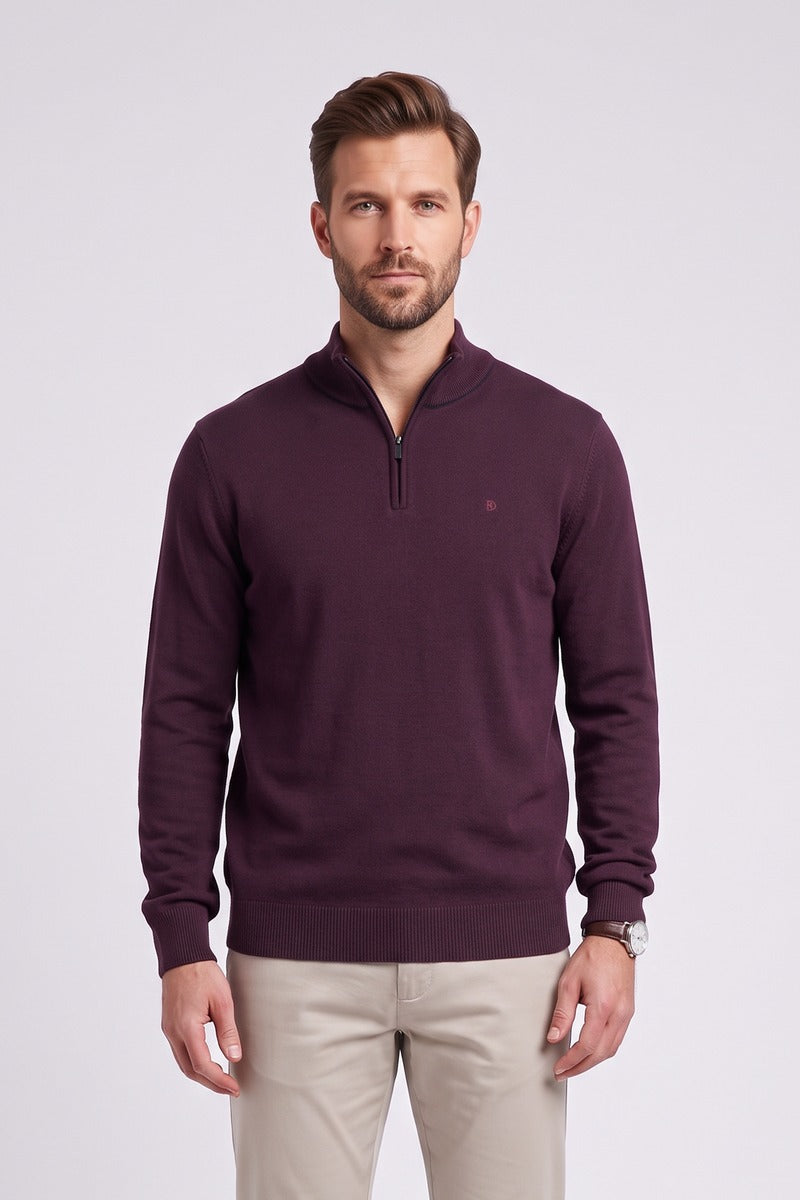 Benetti Julius Regular Fit Cotton Blend Quarter Zip Jumper Plum