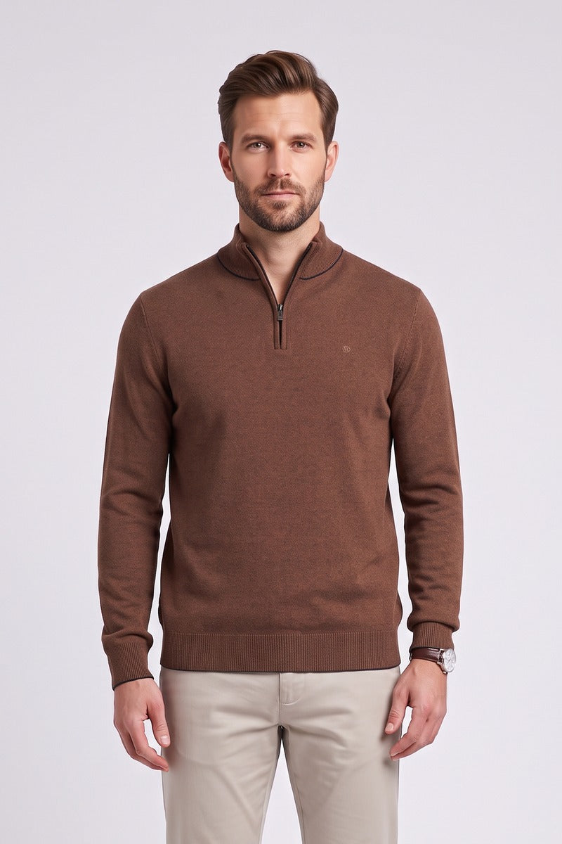 Benetti Julius Regular Fit Cotton Blend Quarter Zip Jumper Rust