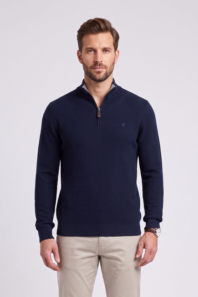 Benetti Oliver Regular Fit Textured Quarter Zip Jumper Navy