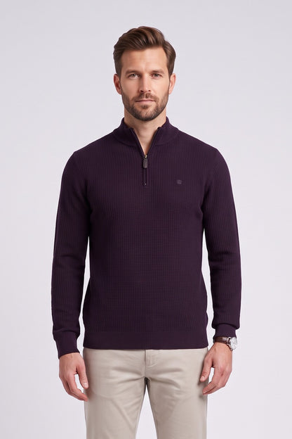 Benetti Oliver Regular Fit Textured Quarter Zip Jumper Plum