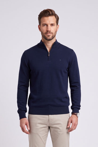 Benetti Quinn Regular Fit Textured Quarter Zip Jumper Navy