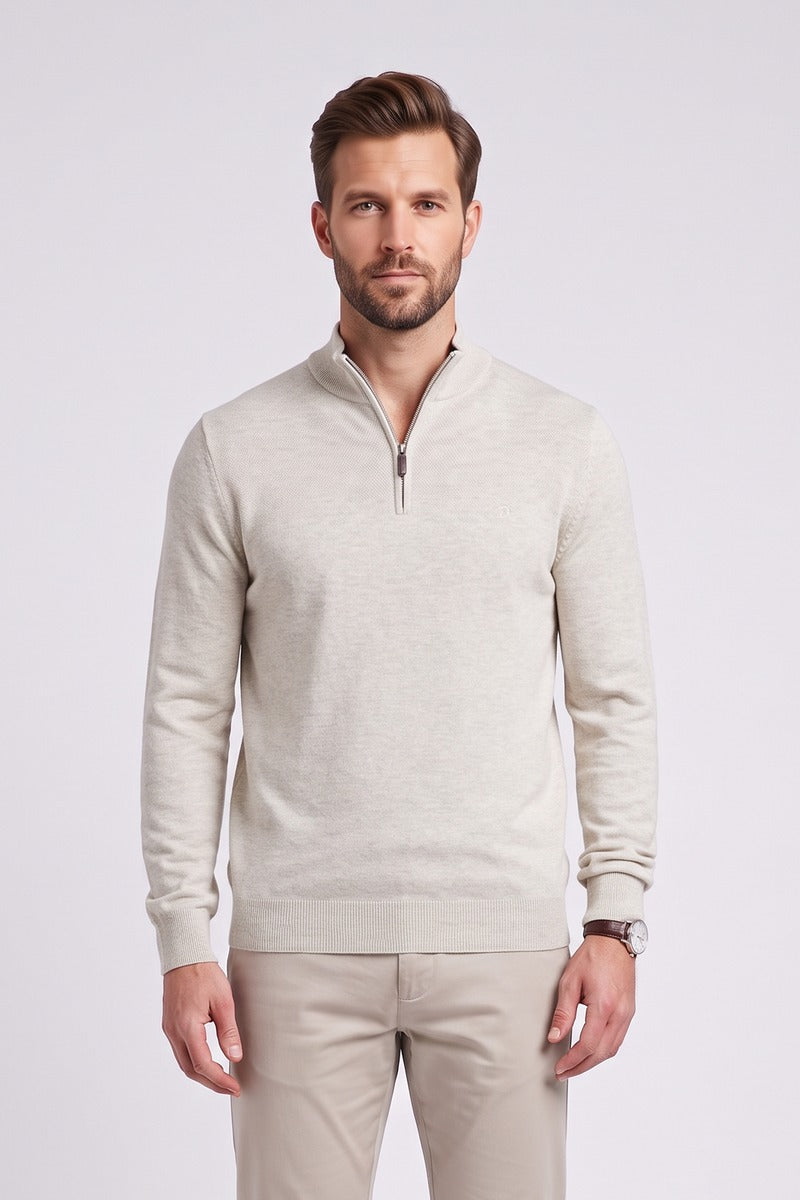 Benetti Quinn Regular Fit Textured Quarter Zip Jumper Stone