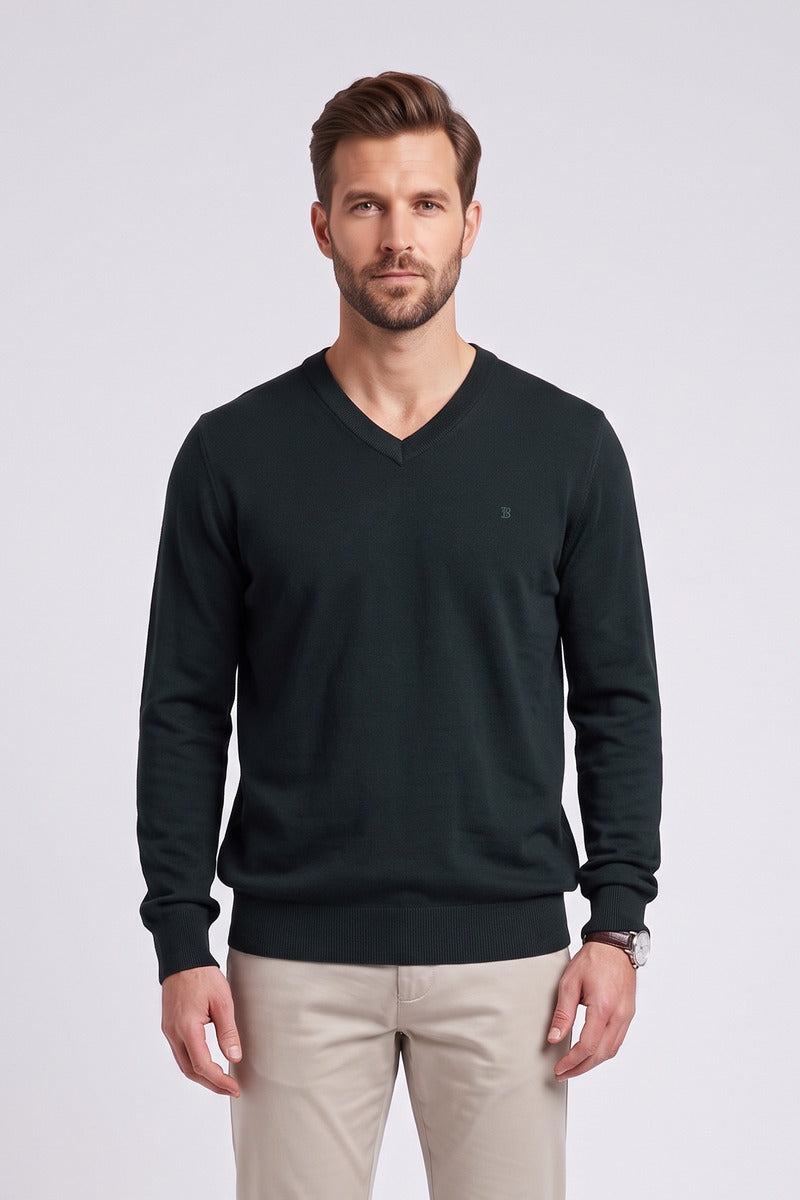 Benetti Quinn Regular Fit Cotton Blend V Neck Jumper Forest